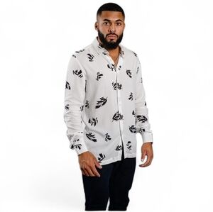 YoungLA Men's White Long-Sleeve Button-Up Shirt with Black Print